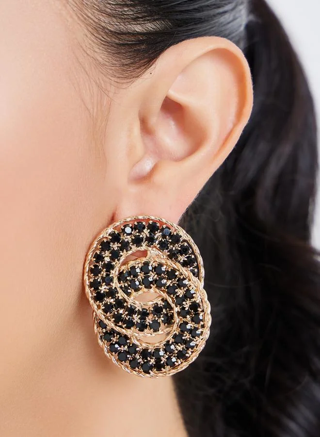 Styli Black Stud Earrings with Diamante Detail